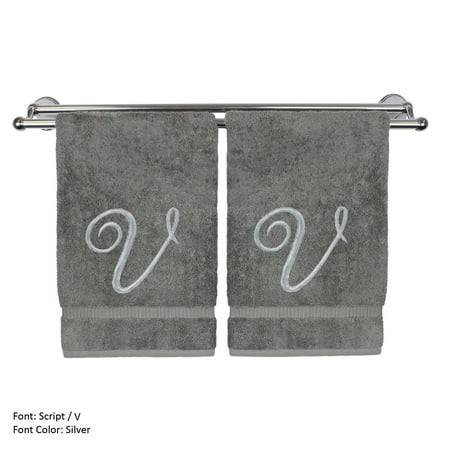 Monogrammed Hand Towel, Personalized Gift, 16 x 30 Inches - Set of 2 - Silver Embroidered Towel - Extra Absorbent 100% Turkish Cotton- Soft Terry Finish - for Bathroom, Kitchen and Spa- Script V Gray