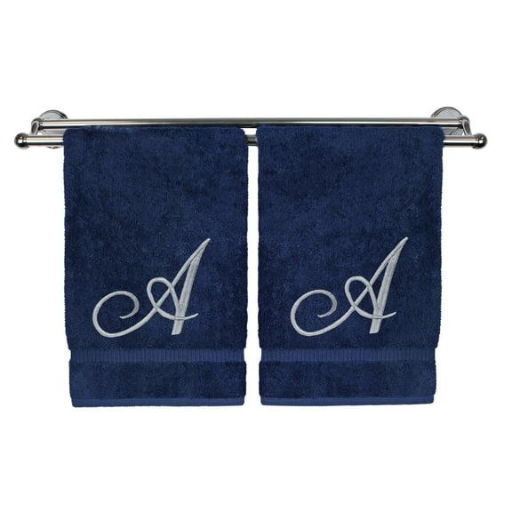 Monogrammed Hand Towel, Personalized Gift, 16 x 30 Inches - Set of 2 - Silver Embroidered Towel - Extra Absorbent 100% Turkish Cotton- Soft Terry Finish - For Bathroom, Kitchen and Spa- Script A Navy