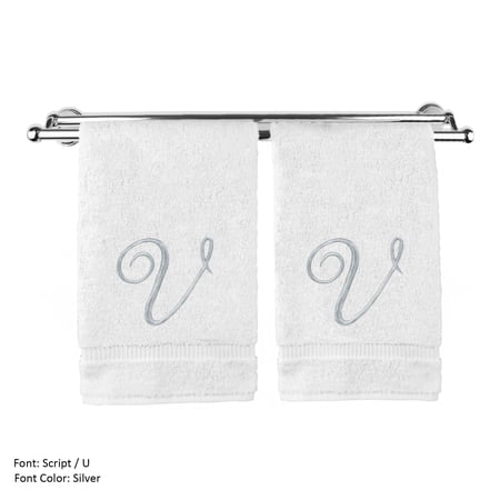 Monogrammed Hand Towel, Personalized Gift, 16 x 30 Inches - Set of 2 - Silver Embroidered Towel - Extra Absorbent 100% Turkish Cotton- Soft Terry Finish - For Bathroom, Kitchen and Spa- Script V White