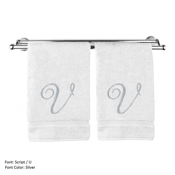 Monogrammed Hand Towel, Personalized Gift, 16 x 30 Inches - Set of 2 - Silver Embroidered Towel - Extra Absorbent 100% Turkish Cotton- Soft Terry Finish - For Bathroom, Kitchen and Spa- Script V White