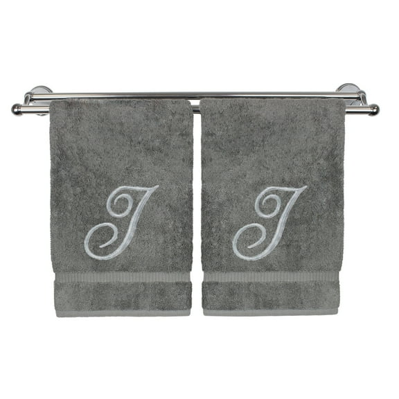 Monogrammed Hand Towel, Personalized Gift, 16 x 30 Inches - Set of 2 - Silver Embroidered Towel - Extra Absorbent 100% Turkish Cotton- Soft Terry Finish - for Bathroom, Kitchen and Spa- Script I Gray