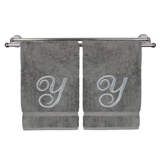 Monogrammed Hand Towel, Personalized Gift, 16 x 30 Inches - Set of 2 - Silver Embroidered Towel - Extra Absorbent 100% Turkish Cotton- Soft Terry Finish - for Bathroom, Kitchen and Spa- Script Y Gray