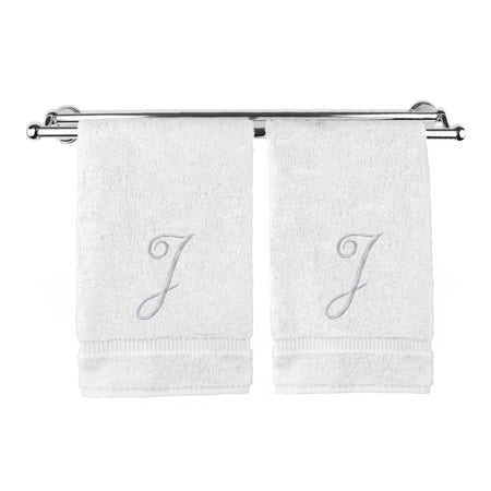 Monogrammed Hand Towel, Personalized Gift, 16 x 30 Inches - Set of 2 - Silver Embroidered Towel - Extra Absorbent 100% Turkish Cotton- Soft Terry Finish - For Bathroom, Kitchen and Spa- Script J White