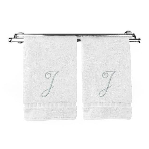 Monogrammed Hand Towel, Personalized Gift, 16 x 30 Inches - Set of 2 - Silver Embroidered Towel - Extra Absorbent 100% Turkish Cotton- Soft Terry Finish - For Bathroom, Kitchen and Spa- Script J White