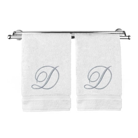 Monogrammed Hand Towel, Personalized Gift, 16 x 30 Inches - Set of 2 - Silver Embroidered Towel - Extra Absorbent 100% Turkish Cotton- Soft Terry Finish - For Bathroom, Kitchen and Spa- Script D White