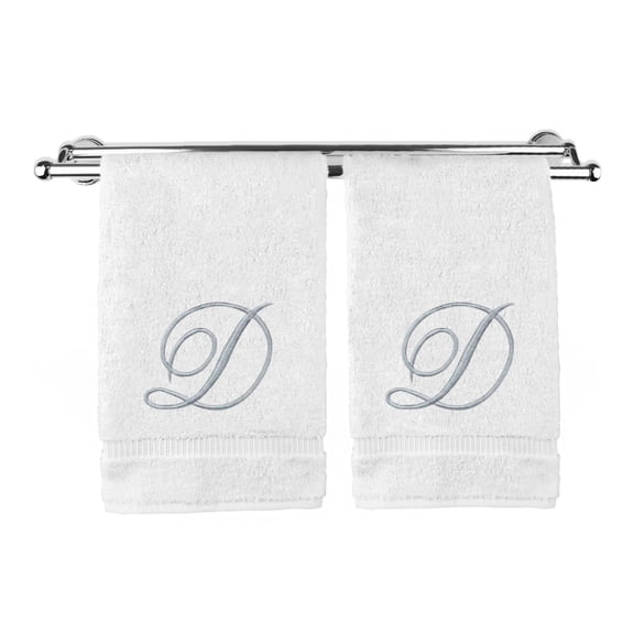 Monogrammed Hand Towel, Personalized Gift, 16 x 30 Inches - Set of 2 - Silver Embroidered Towel - Extra Absorbent 100% Turkish Cotton- Soft Terry Finish - For Bathroom, Kitchen and Spa- Script D White