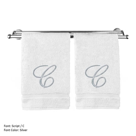 Monogrammed Hand Towel, Personalized Gift, 16 x 30 Inches - Set of 2 - Silver Embroidered Towel - Extra Absorbent 100% Turkish Cotton- Soft Terry Finish - For Bathroom, Kitchen and Spa- Script C White