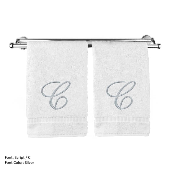 Monogrammed Hand Towel, Personalized Gift, 16 x 30 Inches - Set of 2 - Silver Embroidered Towel - Extra Absorbent 100% Turkish Cotton- Soft Terry Finish - For Bathroom, Kitchen and Spa- Script C White