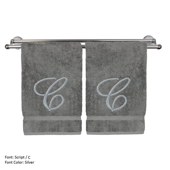 Monogrammed Hand Towel, Personalized Gift, 16 x 30 Inches - Set of 2 - Silver Embroidered Towel - Extra Absorbent 100% Turkish Cotton- Soft Terry Finish - for Bathroom, Kitchen and Spa- Script C Gray