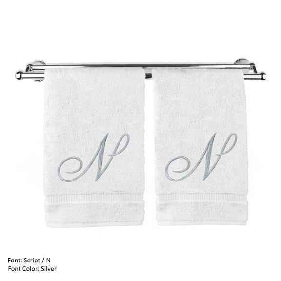 Monogrammed Hand Towel, Personalized Gift, 16 x 30 Inches - Set of 2 - Silver Embroidered Towel - Extra Absorbent 100% Turkish Cotton- Soft Terry Finish - For Bathroom, Kitchen and Spa- Script N White