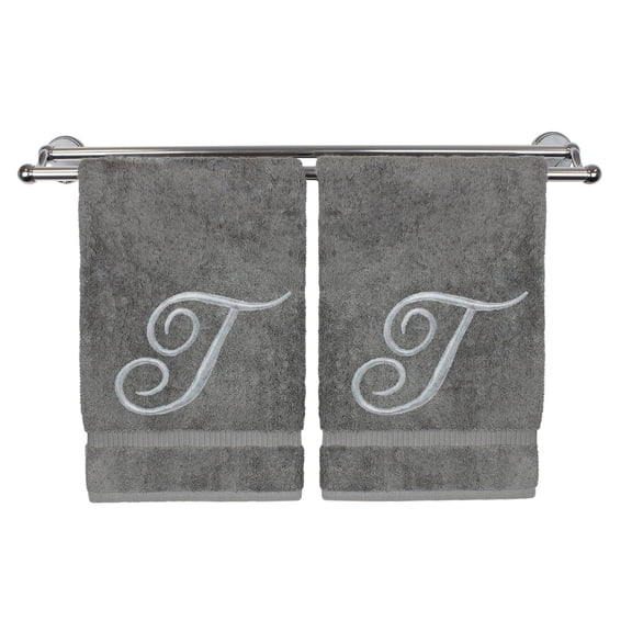 Monogrammed Hand Towel, Personalized Gift, 16 x 30 Inches - Set of 2 - Silver Embroidered Towel - Extra Absorbent 100% Turkish Cotton- Soft Terry Finish - for Bathroom, Kitchen and Spa- Script T Gray