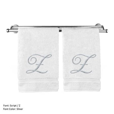 Monogrammed Hand Towel, Personalized Gift, 16 x 30 Inches - Set of 2 - Silver Embroidered Towel - Extra Absorbent 100% Turkish Cotton- Soft Terry Finish - For Bathroom, Kitchen and Spa- Script Z White