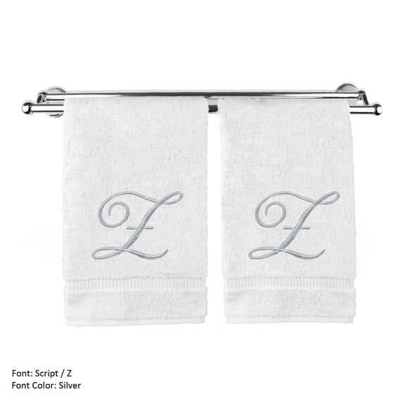 Monogrammed Hand Towel, Personalized Gift, 16 x 30 Inches - Set of 2 - Silver Embroidered Towel - Extra Absorbent 100% Turkish Cotton- Soft Terry Finish - For Bathroom, Kitchen and Spa- Script Z White