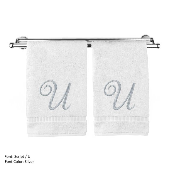 Monogrammed Hand Towel, Personalized Gift, 16 x 30 Inches - Set of 2 - Silver Embroidered Towel - Extra Absorbent 100% Turkish Cotton- Soft Terry Finish - For Bathroom, Kitchen and Spa- Script U White