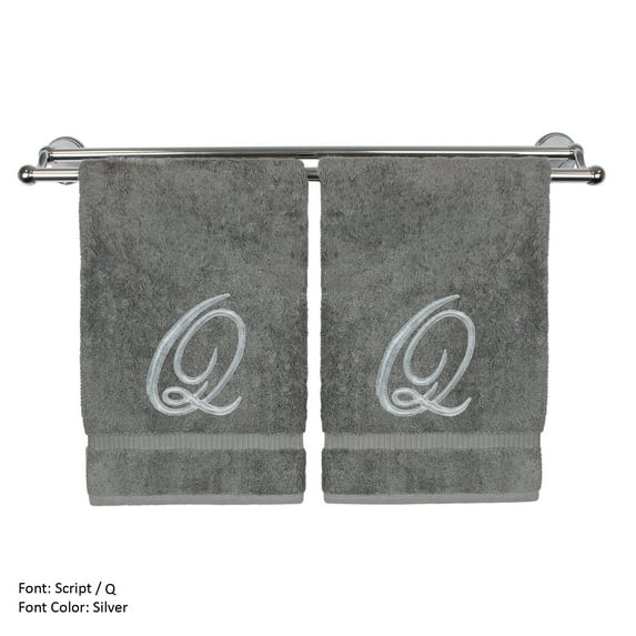 Monogrammed Hand Towel, Personalized Gift, 16 x 30 Inches - Set of 2 - Silver Embroidered Towel - Extra Absorbent 100% Turkish Cotton- Soft Terry Finish - for Bathroom, Kitchen and Spa- Script Q Gray