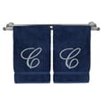 thumbnail image 1 of Monogrammed Hand Towel, Personalized Gift, 16 x 30 Inches - Set of 2 - Silver Embroidered Towel - Extra Absorbent 100% Turkish Cotton- Soft Terry Finish - For Bathroom, Kitchen and Spa- Script J Navy, 1 of 3