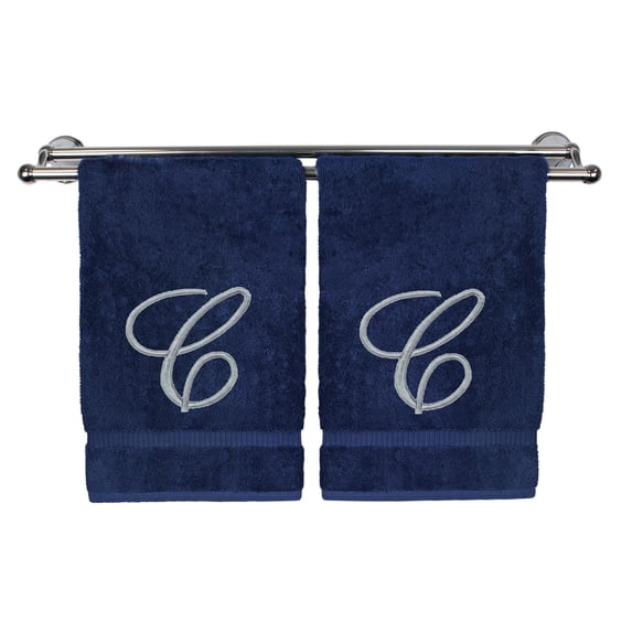 Monogrammed Hand Towel, Personalized Gift, 16 x 30 Inches - Set of 2 - Silver Embroidered Towel - Extra Absorbent 100% Turkish Cotton- Soft Terry Finish - For Bathroom, Kitchen and Spa- Script J Navy