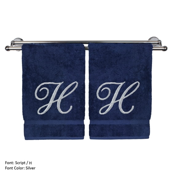 Monogrammed Hand Towel, Personalized Gift, 16 x 30 Inches - Set of 2 - Silver Embroidered Towel - Extra Absorbent 100% Turkish Cotton- Soft Terry Finish - For Bathroom, Kitchen and Spa- Script H Navy