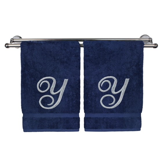 Monogrammed Hand Towel, Personalized Gift, 16 x 30 Inches - Set of 2 - Silver Embroidered Towel - Extra Absorbent 100% Turkish Cotton- Soft Terry Finish - For Bathroom, Kitchen and Spa- Script Y Navy