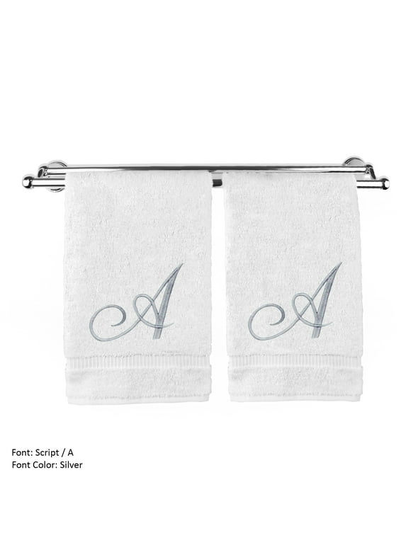 Monogrammed Hand Towel, Personalized Gift, 16 x 30 Inches - Set of 2 - Silver Embroidered Towel - Extra Absorbent 100% Turkish Cotton- Soft Terry Finish - For Bathroom, Kitchen and Spa- Script A White