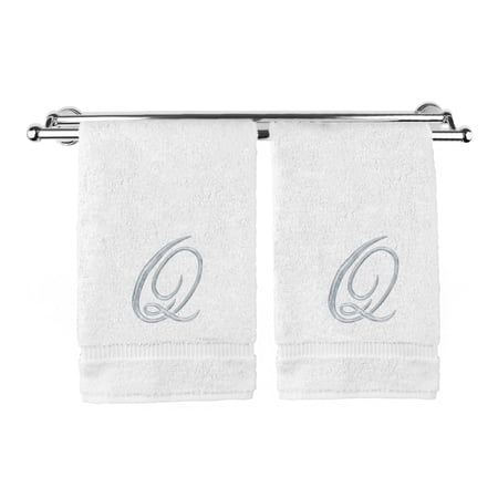 Monogrammed Hand Towel, Personalized Gift, 16 x 30 Inches - Set of 2 - Silver Embroidered Towel - Extra Absorbent 100% Turkish Cotton- Soft Terry Finish - For Bathroom, Kitchen and Spa- Script Q White