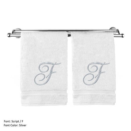 Monogrammed Hand Towel, Personalized Gift, 16 x 30 Inches - Set of 2 - Silver Embroidered Towel - Extra Absorbent 100% Turkish Cotton- Soft Terry Finish - For Bathroom, Kitchen and Spa- Script F White