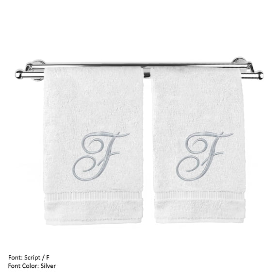 Monogrammed Hand Towel, Personalized Gift, 16 x 30 Inches - Set of 2 - Silver Embroidered Towel - Extra Absorbent 100% Turkish Cotton- Soft Terry Finish - For Bathroom, Kitchen and Spa- Script F White