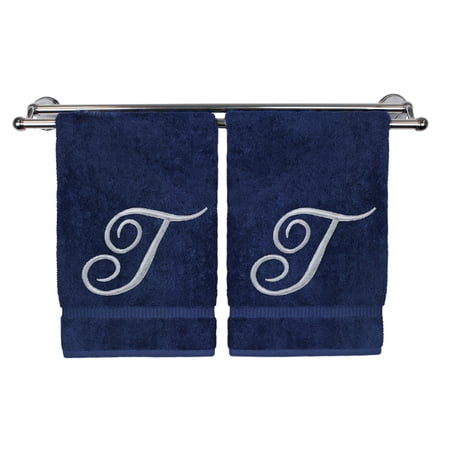 Monogrammed Hand Towel, Personalized Gift, 16 x 30 Inches - Set of 2 - Silver Embroidered Towel - Extra Absorbent 100% Turkish Cotton- Soft Terry Finish - For Bathroom, Kitchen and Spa- Script T Navy