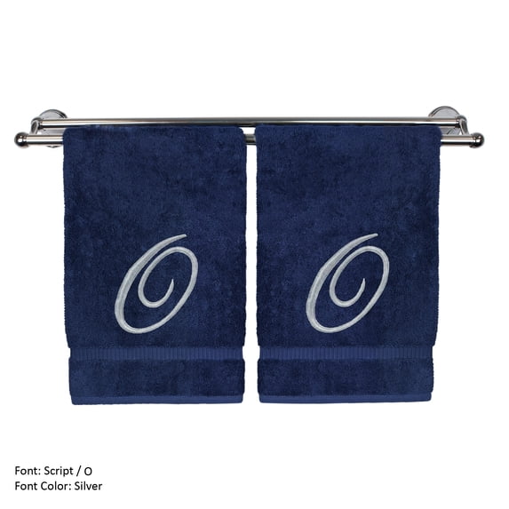 Monogrammed Hand Towel, Personalized Gift, 16 x 30 Inches - Set of 2 - Silver Embroidered Towel - Extra Absorbent 100% Turkish Cotton- Soft Terry Finish - For Bathroom, Kitchen and Spa- Script O Navy