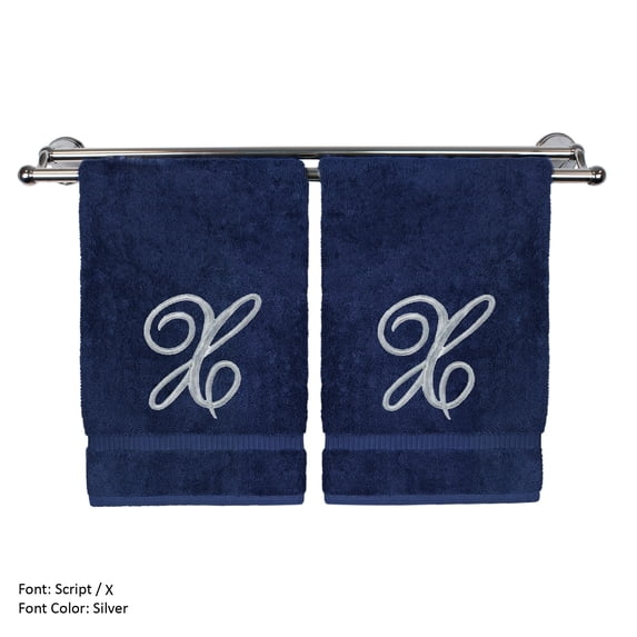 Monogrammed Hand Towel, Personalized Gift, 16 x 30 Inches - Set of 2 - Silver Embroidered Towel - Extra Absorbent 100% Turkish Cotton- Soft Terry Finish - For Bathroom, Kitchen and Spa- Script X Navy