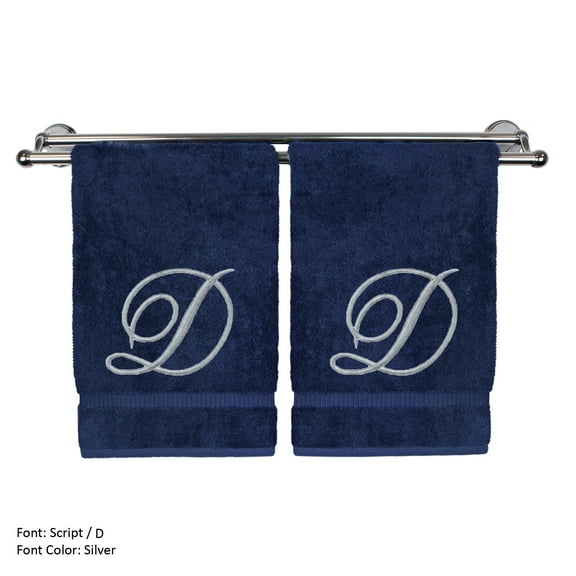 Monogrammed Hand Towel, Personalized Gift, 16 x 30 Inches - Set of 2 - Silver Embroidered Towel - Extra Absorbent 100% Turkish Cotton- Soft Terry Finish - For Bathroom, Kitchen and Spa- Script D Navy