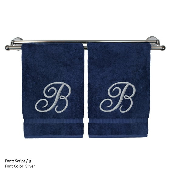 Monogrammed Hand Towel, Personalized Gift, 16 x 30 Inches - Set of 2 - Silver Embroidered Towel - Extra Absorbent 100% Turkish Cotton- Soft Terry Finish - For Bathroom, Kitchen and Spa- Script B Navy