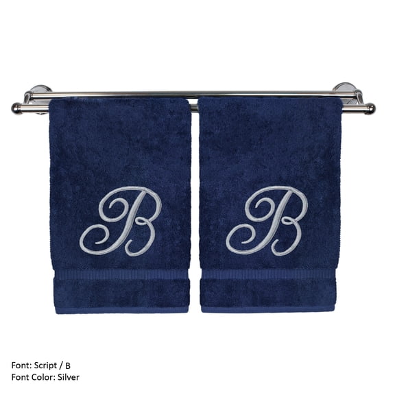 Monogrammed Hand Towel, Personalized Gift, 16 x 30 Inches - Set of 2 - Silver Embroidered Towel - Extra Absorbent 100% Turkish Cotton- Soft Terry Finish - For Bathroom, Kitchen and Spa- Script B Navy