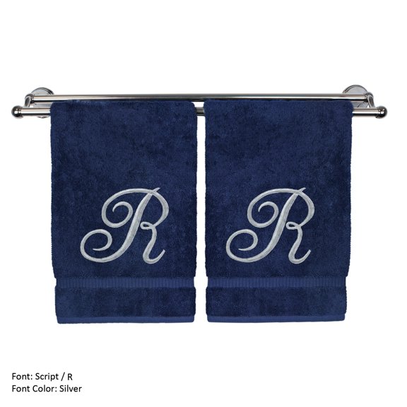 Monogrammed Hand Towel, Personalized Gift, 16 x 30 Inches - Set of 2 - Silver Embroidered Towel - Extra Absorbent 100% Turkish Cotton- Soft Terry Finish - For Bathroom, Kitchen and Spa- Script R Navy