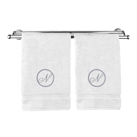 Monogrammed Hand Towel, Personalized Gift, 16 x 30 Inches - Silver Letter Embroidered with Circle Design on White Towel - Extra Absorbent - 100% Turkish Cotton - Soft Terry Finish - Initial N