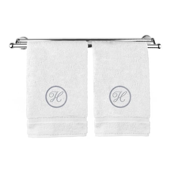Monogrammed Hand Towel, Personalized Gift, 16 x 30 Inches - Silver Letter Embroidered with Circle Design on White Towel - Extra Absorbent - 100% Turkish Cotton - Soft Terry Finish - Initial H