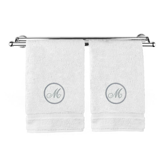 Monogrammed Hand Towel, Personalized Gift, 16 x 30 Inches - Silver Letter Embroidered with Circle Design on White Towel - Extra Absorbent - 100% Turkish Cotton - Soft Terry Finish - Initial M