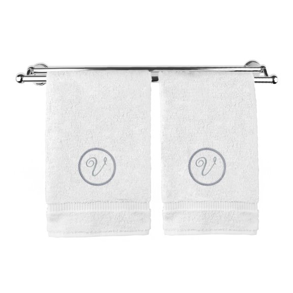 Monogrammed Hand Towel, Personalized Gift, 16 x 30 Inches - Silver Letter Embroidered with Circle Design on White Towel - Extra Absorbent - 100% Turkish Cotton - Soft Terry Finish - Initial V