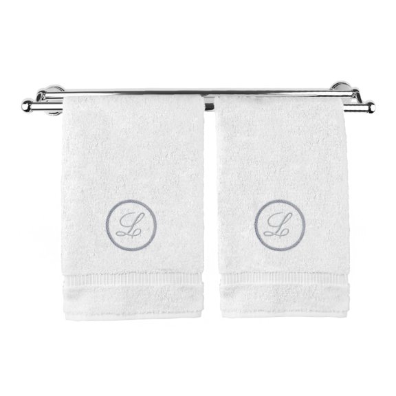 Monogrammed Hand Towel, Personalized Gift, 16 x 30 Inches - Silver Letter Embroidered with Circle Design on White Towel - Extra Absorbent - 100% Turkish Cotton - Soft Terry Finish - Initial L