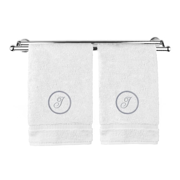 Monogrammed Hand Towel, Personalized Gift, 16 x 30 Inches - Silver Letter Embroidered with Circle Design on White Towel - Extra Absorbent - 100% Turkish Cotton - Soft Terry Finish - Initial I