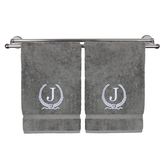 Monogrammed Hand Towel, Personalized Gift, 16 x 30 Inches - Silver Letter Embroidered with Wreath Design on Gray Towel - Extra Absorbent - 100% Turkish Cotton - Soft Terry Finish - Initial J