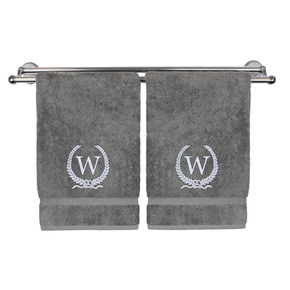 Monogrammed Hand Towel, Personalized Gift, 16 x 30 Inches - Silver Letter Embroidered with Wreath Design on Gray Towel - Extra Absorbent - 100% Turkish Cotton - Soft Terry Finish - Initial W