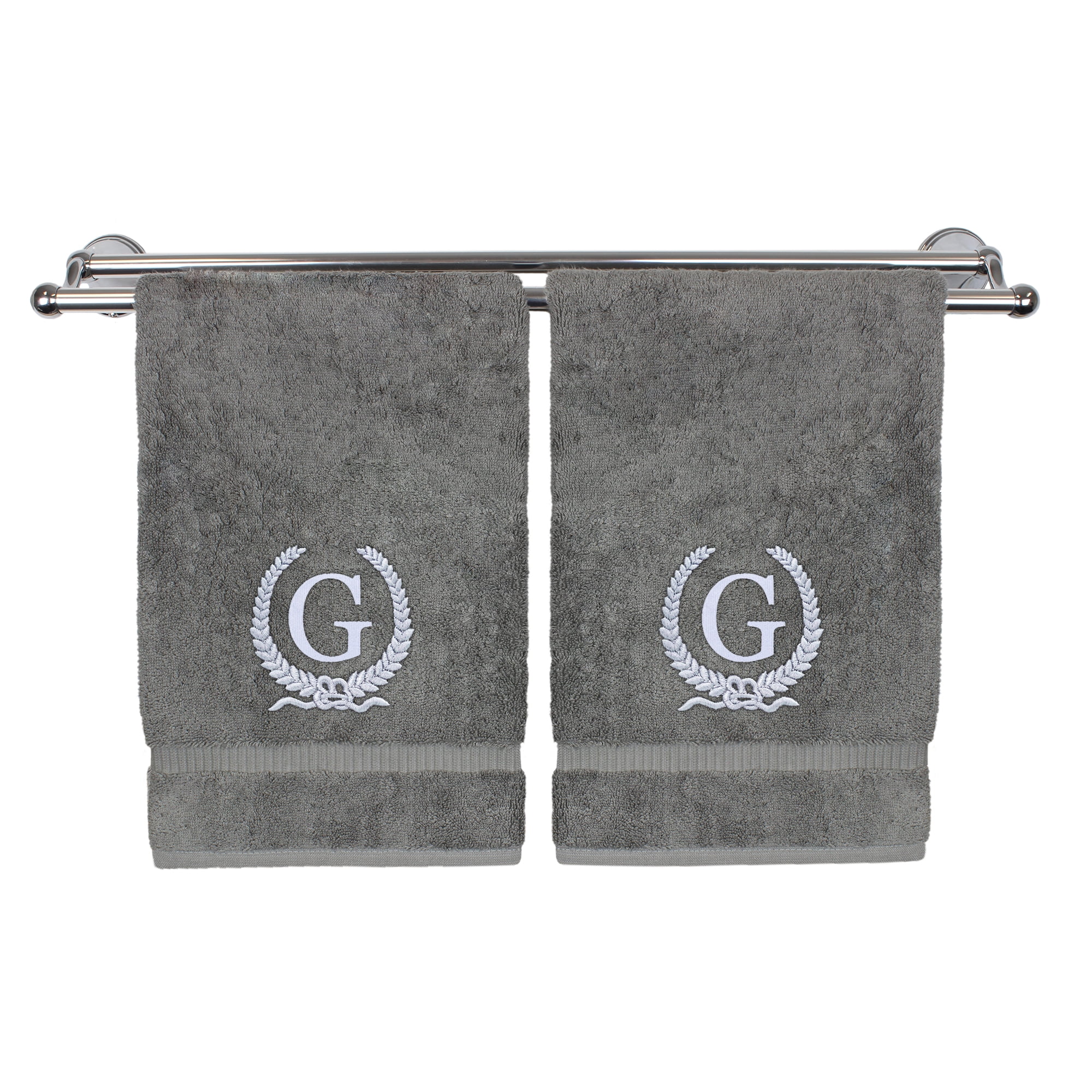 Monogrammed Hand Towel, Personalized Gift, 16 x 30 Inches - Silver Letter Embroidered with Wreath Design on Gray Towel - Extra Absorbent - 100% Turkish Cotton - Soft Terry Finish - Initial G