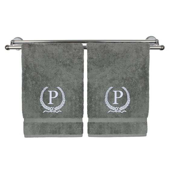 Monogrammed Hand Towel, Personalized Gift, 16 x 30 Inches - Silver Letter Embroidered with Wreath Design on Gray Towel - Extra Absorbent - 100% Turkish Cotton - Soft Terry Finish - Initial P