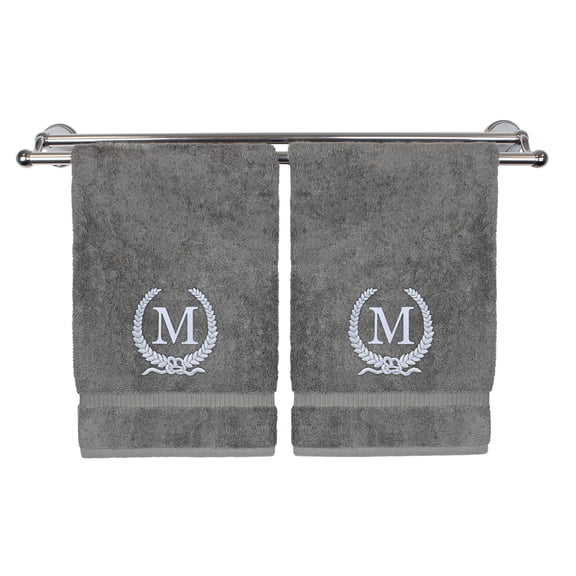 Monogrammed Hand Towel, Personalized Gift, 16 x 30 Inches - Silver Letter Embroidered with Wreath Design on Gray Towel - Extra Absorbent - 100% Turkish Cotton - Soft Terry Finish - Initial M