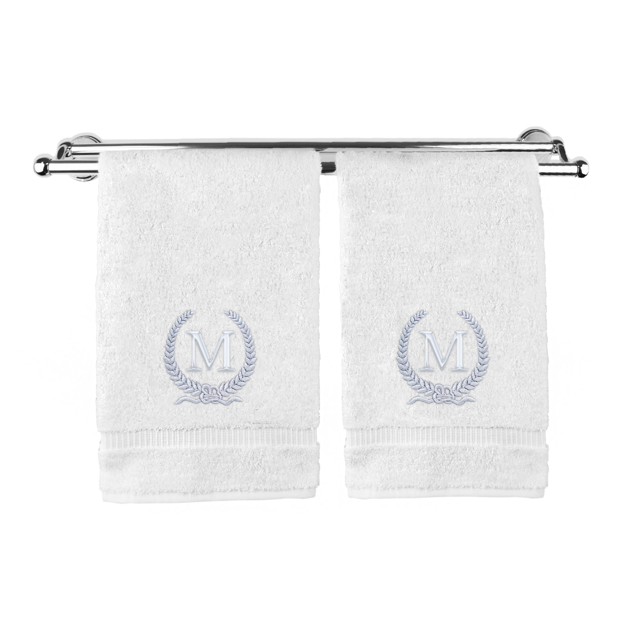 Monogrammed Hand Towel, Personalized Gift, 16 x 30 Inches - Silver Letter Embroidered with Wreath Design on White Towel - Extra Absorbent - 100% Turkish Cotton - Soft Terry Finish - Initial M