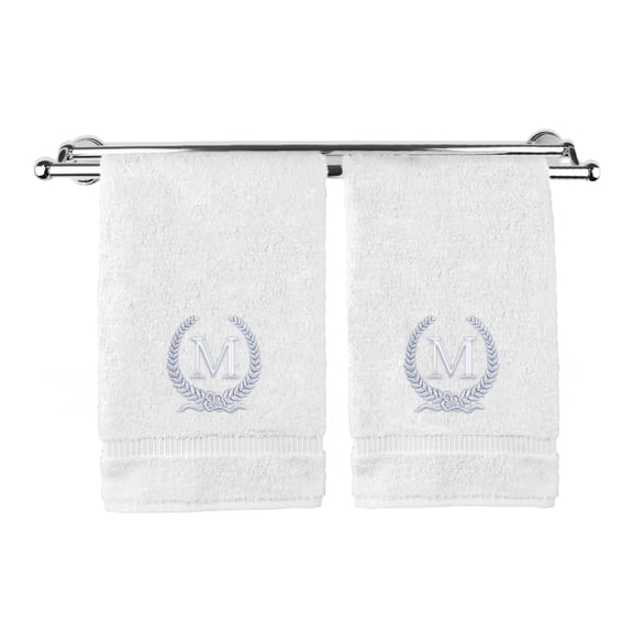 Monogrammed Hand Towel, Personalized Gift, 16 x 30 Inches - Silver Letter Embroidered with Wreath Design on White Towel - Extra Absorbent - 100% Turkish Cotton - Soft Terry Finish - Initial M