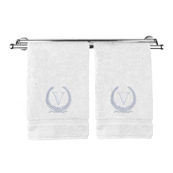 Monogrammed Hand Towel, Personalized Gift, 16 x 30 Inches - Silver Letter Embroidered with Wreath Design on White Towel - Extra Absorbent - 100% Turkish Cotton - Soft Terry Finish - Initial V