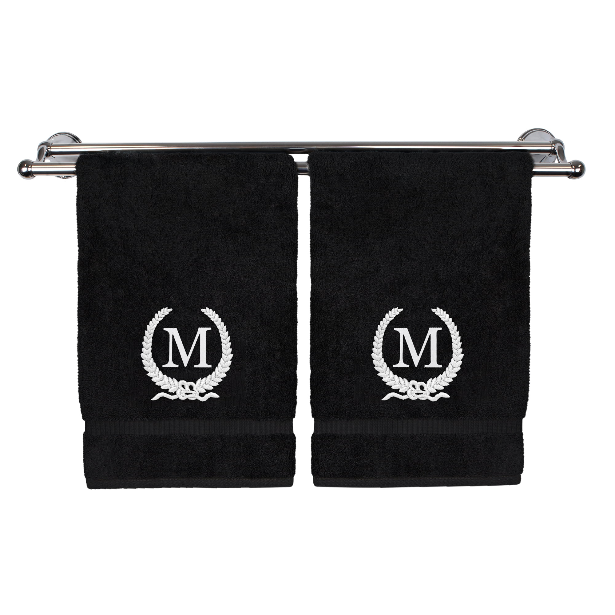 Monogrammed Hand Towel, Personalized Gift, 16 x 30 Inches - White Letter Embroidered with Wreath Design on Black Towel - Extra Absorbent - 100% Turkish Cotton - Soft Terry Finish - Initial M