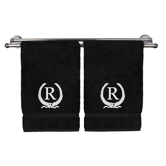 Monogrammed Hand Towel, Personalized Gift, 16 x 30 Inches - White Letter Embroidered with Wreath Design on Black Towel - Extra Absorbent - 100% Turkish Cotton - Soft Terry Finish - Initial R
